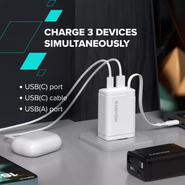 Фото - Сетевое зарядное устройство Canyon OnCharge 65RC Build-In Cable USB-C 65W 1xPD 1xQC White (CNS-CURC65ACB)
