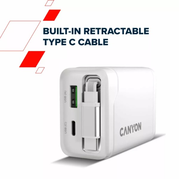 Фото - Сетевое зарядное устройство Canyon OnCharge 65RC Build-In Cable USB-C 65W 1xPD 1xQC Black (CNS-CURC65ACB)