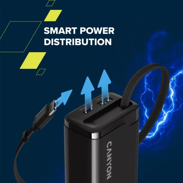 Фото - Сетевое зарядное устройство Canyon OnCharge 65RC Build-In Cable USB-C 65W 1xPD 1xQC Black (CNS-CURC65ACB)