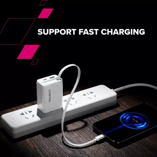 Фото - Сетевое зарядное устройство Canyon OnCharge 65RC Build-In Cable USB-C 65W 1xPD 1xQC White (CNS-CURC65ACB)
