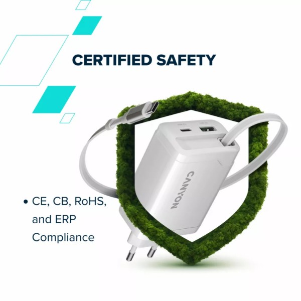 Фото - Сетевое зарядное устройство Canyon OnCharge 65RC Build-In Cable USB-C 65W 1xPD 1xQC Black (CNS-CURC65ACB)
