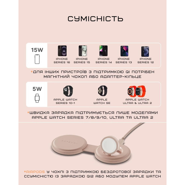 Фото - Беспроводное зарядное устройство Satechi OntheGo 2 в 1 Wireless Charger Desert Rose (ST-QTG21R)