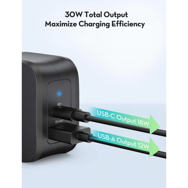 Фото - Мережевий зарядний пристрій RavPower Charger 30W PD USB-C+USB-A Black (RP-PC132)