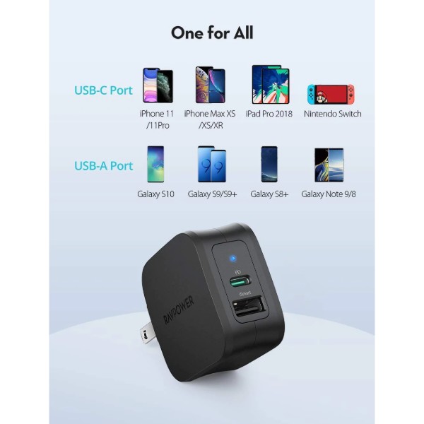 Фото - Мережевий зарядний пристрій RavPower Charger 30W PD USB-C+USB-A Black (RP-PC132)