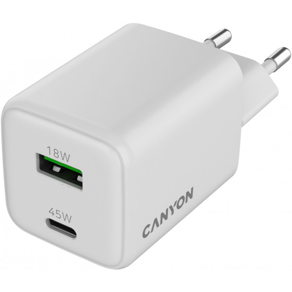 Фото - Мережевий зарядний пристрій Canyon CU45AC GaN 45W 1xPD 1xQC White (CNS-CUW45AC)