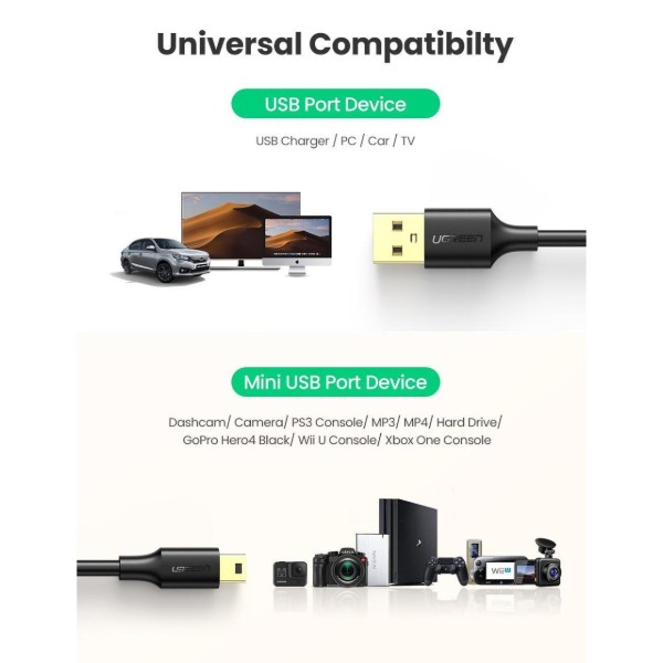 Фото - Кабель USB - miniUSB UGREEN US132 USB-А 2.0 Male to Mini USB 5pin Male Cable 2m Black (30472)