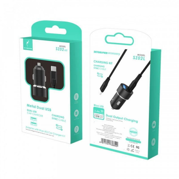 Фото - Автомобільний зарядний пристрій SkyDolphin SZ02L Aluminium (2USB, 2.4A) Black + кабель Lightning (AZP-000071)