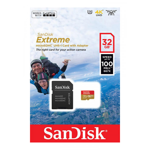 Фото - Карта пам'яті SanDisk 4K Extreme Action microSDHC 32GB V30 A1 UHS-I U3 + SD (SDSQXAF-032G-GN6AA)