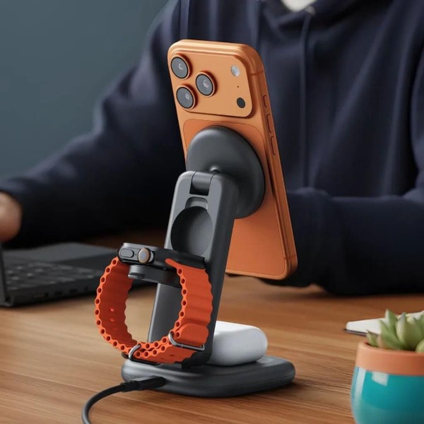 Фото - Беспроводное зарядное устройство Satechi 3в1 Foldable Qi2 25W Wireless Charging Stand Space Gray (ST-Q25F31C-EA)