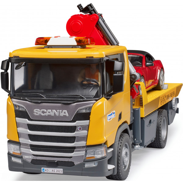 Фото - Наземна спецтехніка BRUDER Евакуатор Scania Super 560R з краном-маніпулятором та автомобіль Roadster Bruder (03552)