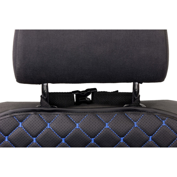 Фото - Комплект накидок під дитяче автокрісло та на спинку переднього сидіння автомобіля EVAtech ECO чорна з синьою ниткою, чорний кант SCKIDBLB