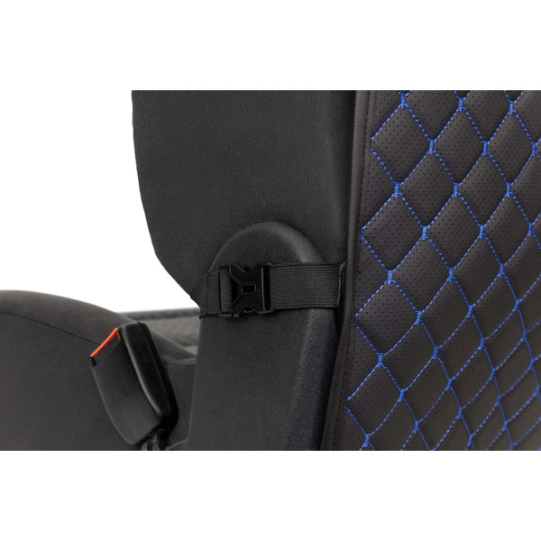Фото - Комплект накидок під дитяче автокрісло та на спинку переднього сидіння автомобіля EVAtech ECO чорна з синьою ниткою, чорний кант SCKIDBLB