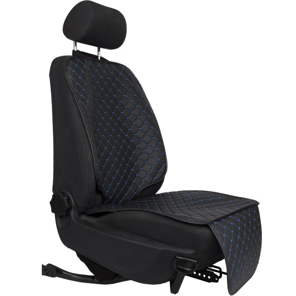 Фото - Комплект накидок під дитяче автокрісло та на спинку переднього сидіння автомобіля EVAtech ECO чорна з синьою ниткою, чорний кант SCKIDBLB