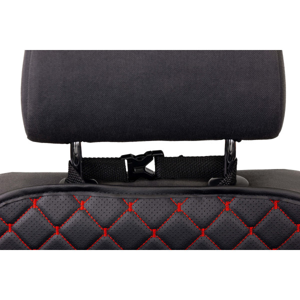 Фото - Комплект накидок під дитяче автокрісло та на спинку переднього сидіння автомобіля EVAtech ECO чорна з червоною ниткою, чорний кант SCKIDBRB