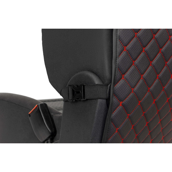 Фото - Комплект накидок під дитяче автокрісло та на спинку переднього сидіння автомобіля EVAtech ECO чорна з червоною ниткою, чорний кант SCKIDBRB