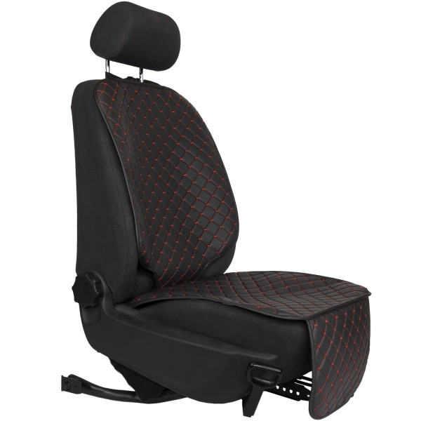 Фото - Комплект накидок під дитяче автокрісло та на спинку переднього сидіння автомобіля EVAtech ECO чорна з червоною ниткою, чорний кант SCKIDBRB