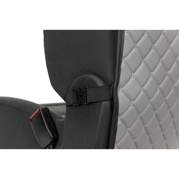 Фото - Комплект накидок під дитяче автокрісло та на спинку переднього сидіння автомобіля EVAtech ECO сіра з сірою ниткою, чорний кант SCKIDGGB