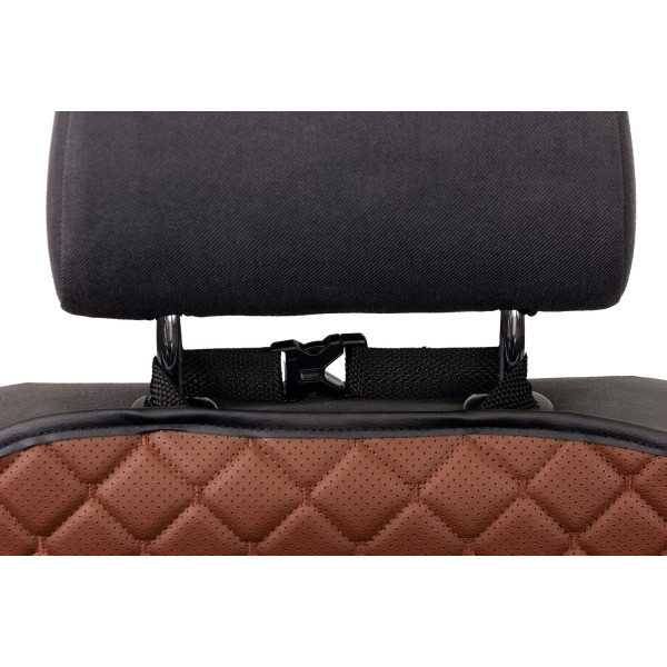 Фото - Комплект накидок під дитяче автокрісло та на спинку переднього сидіння автомобіля EVAtech ECO коричнева з коричневою ниткою, чорний кант SCKIDZZB