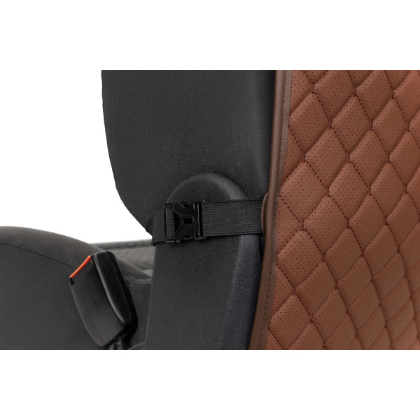 Фото - Комплект накидок під дитяче автокрісло та на спинку переднього сидіння автомобіля EVAtech ECO коричнева з коричневою ниткою, коричневий кант SCKIDZZZ