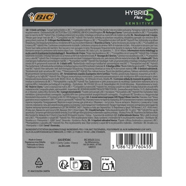 Фото - Станок мужской BIC Hybrid 5 Flex Sensitive касета 4 шт. (3086123760455)