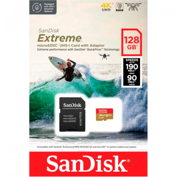 Фото - Карта пам'яті SanDisk Extreme microSDXC 128GB + SD Adapter + 1 year Rescue Pro Deluxe(SDSQXAA-128G-GN6AA)
