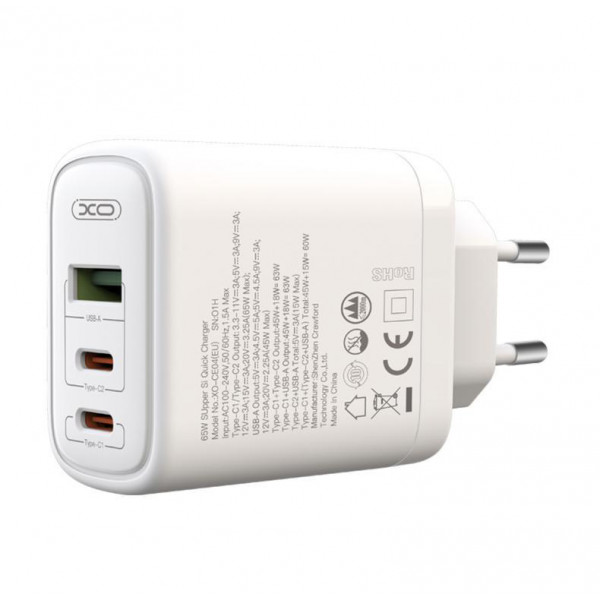 Фото - Мережевий зарядний пристрій XO 45W/1 USB + 2 USB-C 65W White (СE04-WH)