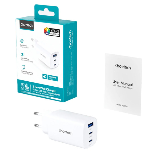 Фото - Сетевое зарядное устройство Choetech PD65W 3 Ports (PD9006)