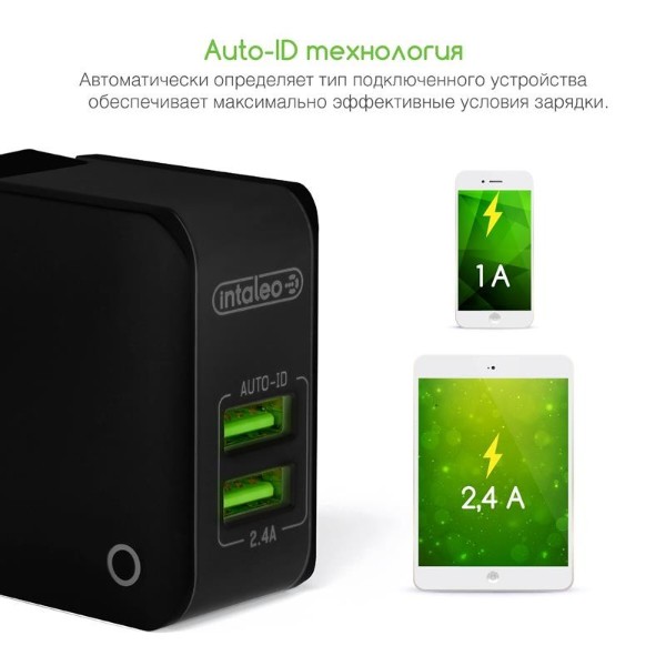 Фото - Мережевий зарядний пристрій Intaleo TCA242 (2USB, 2.4A) Black (1283126491733)