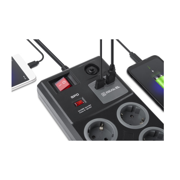 Фото - Мережевий фільтр REAL-EL RS-8F CHARGE (8 роз, 2 USB, 3 м) 16А