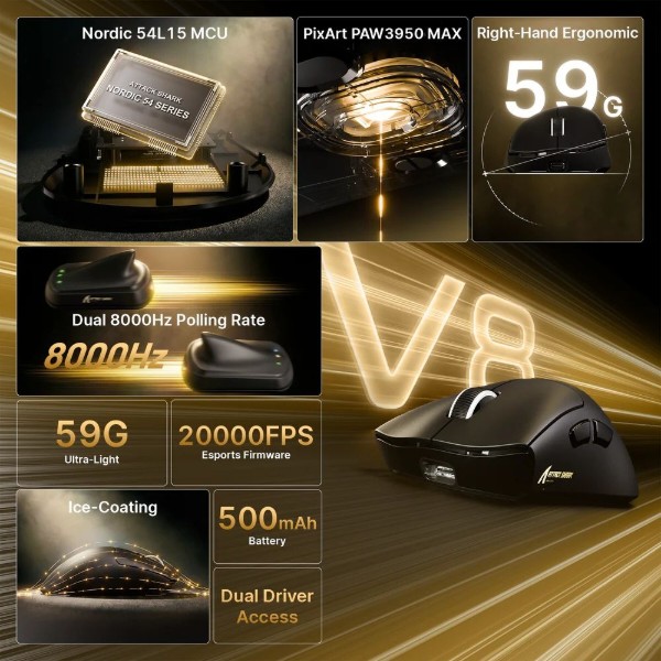 Фото - Мышь беспроводная игровая Attack Shark V8 Ultra-Light, Wireless/Bluetooth, 42000dpi. (PAW3950MAX), 6кн., Black (V8B_AS)