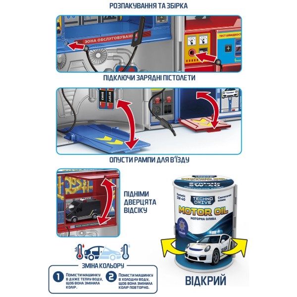 Фото - Ігровий набір TechnoDrive MOTOR OIL - АВТОСЕРВІС З МІНІ-МОДЕЛЮ ЗМІНИ КОЛІР в асортименті (SK-112YKS)
