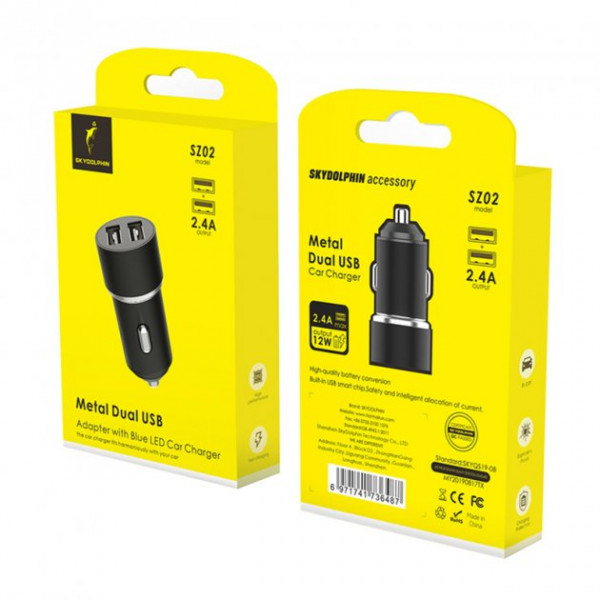 Фото - Автомобільний зарядний пристрій SkyDolphin SZ02 Aluminium (2USB, 2.4A) Black (AZP-000074)