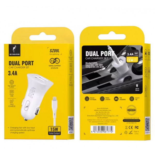 Фото - Автомобильное зарядное устройство SkyDolphin SZ09L 2USB, 3.4A White (AZP-000108) + кабель Lightning