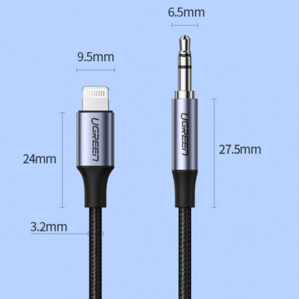 Фото - Уценка - Переходник аудио UGREEN US315 3.5 mm Male to Lightning Audio Cable Braided with Aluminum Shell 1 m Black (70509)