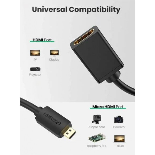 Фото - Перехідник HDMI UGREEN Micro HDMI Male to HDMI Female Adapter Cable, 22 cm Black (20134)
