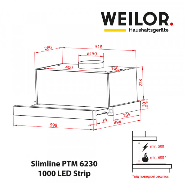 Фото - Витяжка вбудована Weilor Slimline PTM 6230 SS 1000 LED strip