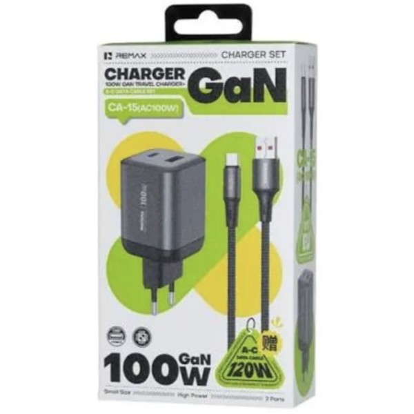 Фото - Сетевое зарядное устройство Remax Wisdom Series 100W GaN Travel Charger+A-C Data Cable Set CA-15(AC100W) EU Tarnish (6954851263463)
