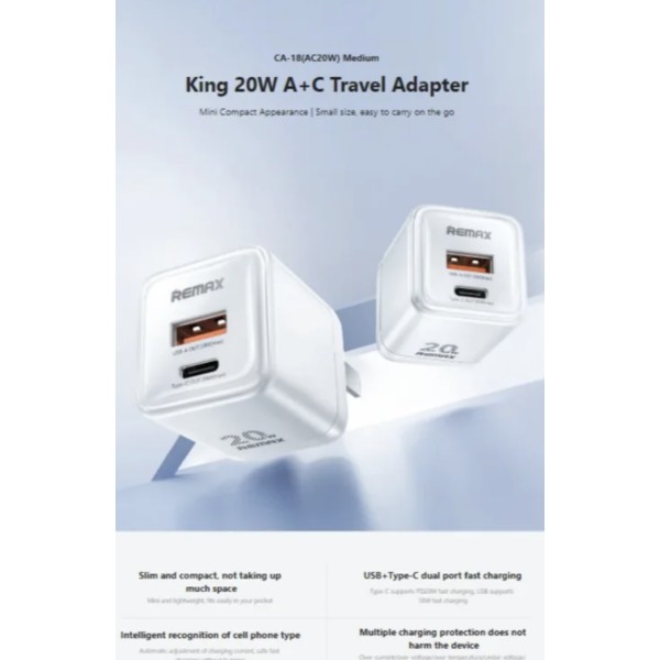 Фото - Мережевий зарядний пристрій Remax Kings 20W A+C Charger  CA-18(AC20W)  EU-white (6954851236825)