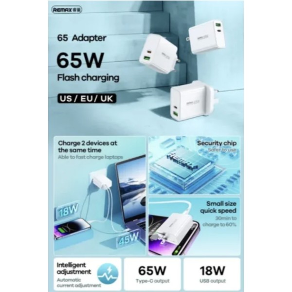 Фото - Мережевий зарядний пристрій Remax Kiddy Series 65W A+C Fast Charger RP-U125 EU-White (6954851209454)