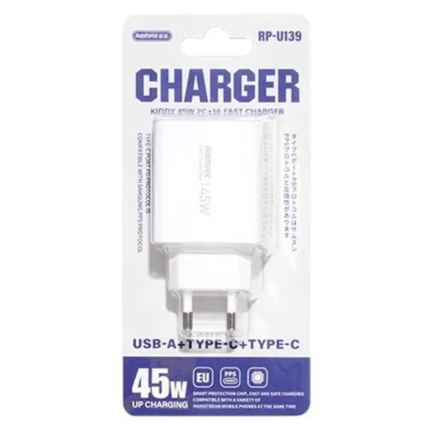 Фото - Мережевий зарядний пристрій Remax Kiddy Series 45W 2C+1A Fast Charger RP-U139 EU-WHITE (6972174151809)