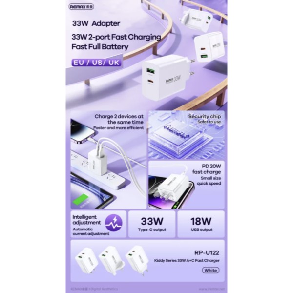 Фото - Мережевий зарядний пристрій Remax Kiddy Series 33W A+C Fast Charger RP-U122 EU-White (6954851209393)