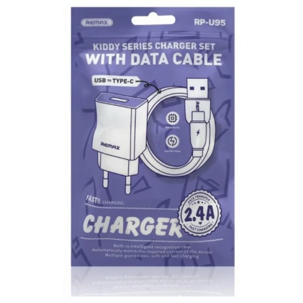 Фото - Сетевое зарядное устройство Remax Kiddy Series 2.4A RP-Charger Set with Cable U95 Type-C (6954851218227)