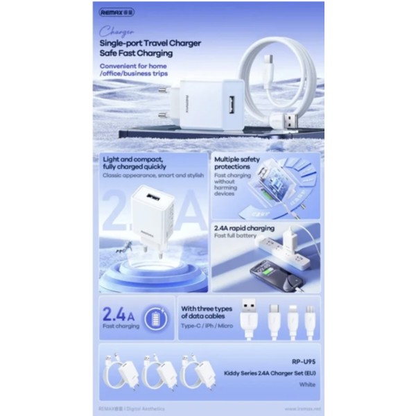 Фото - Сетевое зарядное устройство Remax Kiddy Series 2.4A RP-Charger Set with Cable U95 Type-C (6954851218227)
