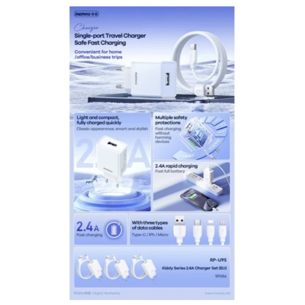 Фото - Сетевое зарядное устройство Remax Kiddy Series 2.4A RP-Charger Set with Cable U95 Micro (6954851218173)