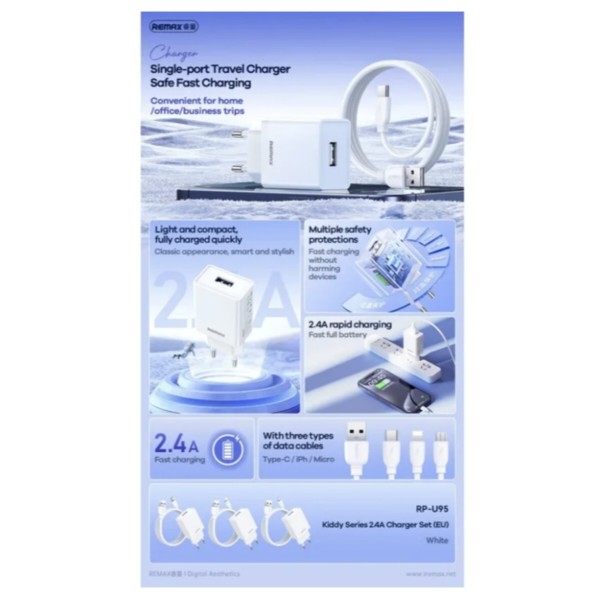 Фото - Сетевое зарядное устройство Remax Kiddy Series 2.4A RP-Charger Set with Cable U95 IPH (6954851218180)