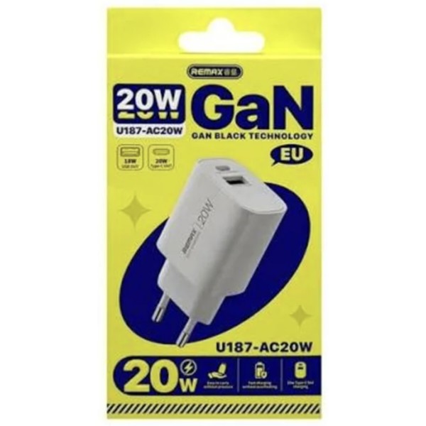 Фото - Сетевое зарядное устройство Remax GaN Fast Charging Charger A+C U187-AC20W EU (6954851247081)
