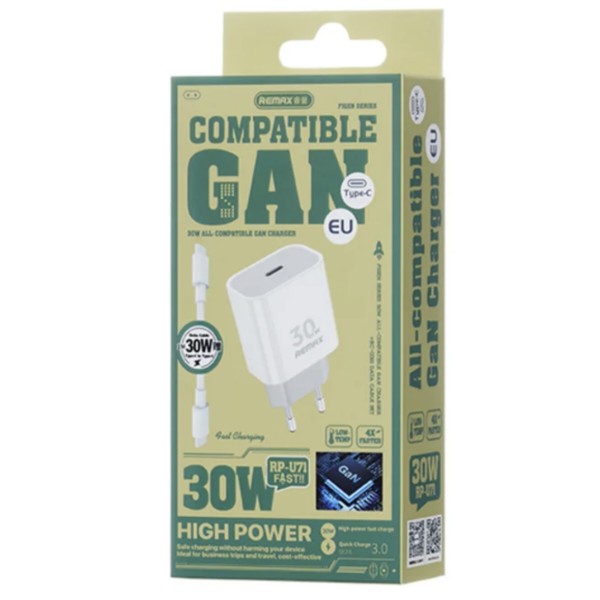 Фото - Сетевое зарядное устройство Remax Figen Series 30W All-compatible GaN Charger+ RC-CO21 Data Cable Set  RP-U71 EU-White (6954851236771)