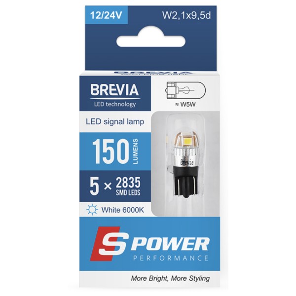 Фото - Автолампа Brevia S-Power W5W 150Lm 5x2835SMD 12/24V CANbus, 2шт. (10208X2)