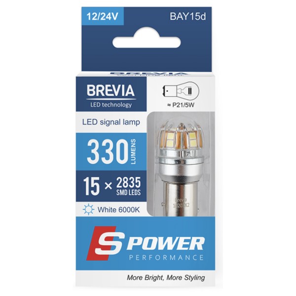 Фото - Автолампа Brevia S-Power P21/5W 330Lm 15x2835SMD 12/24V CANbus, 2шт. (10203X2)