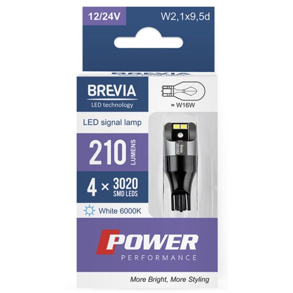 Фото - Автолампа Brevia Power W16W 210Lm 4x3020SMD 12/24V CANbus, 2шт. (10133X2)